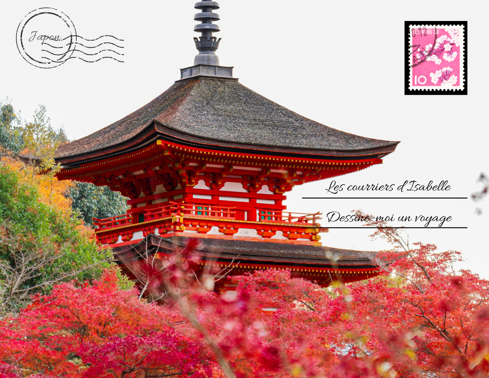 Carte postale temple japonais et fleurs rouges