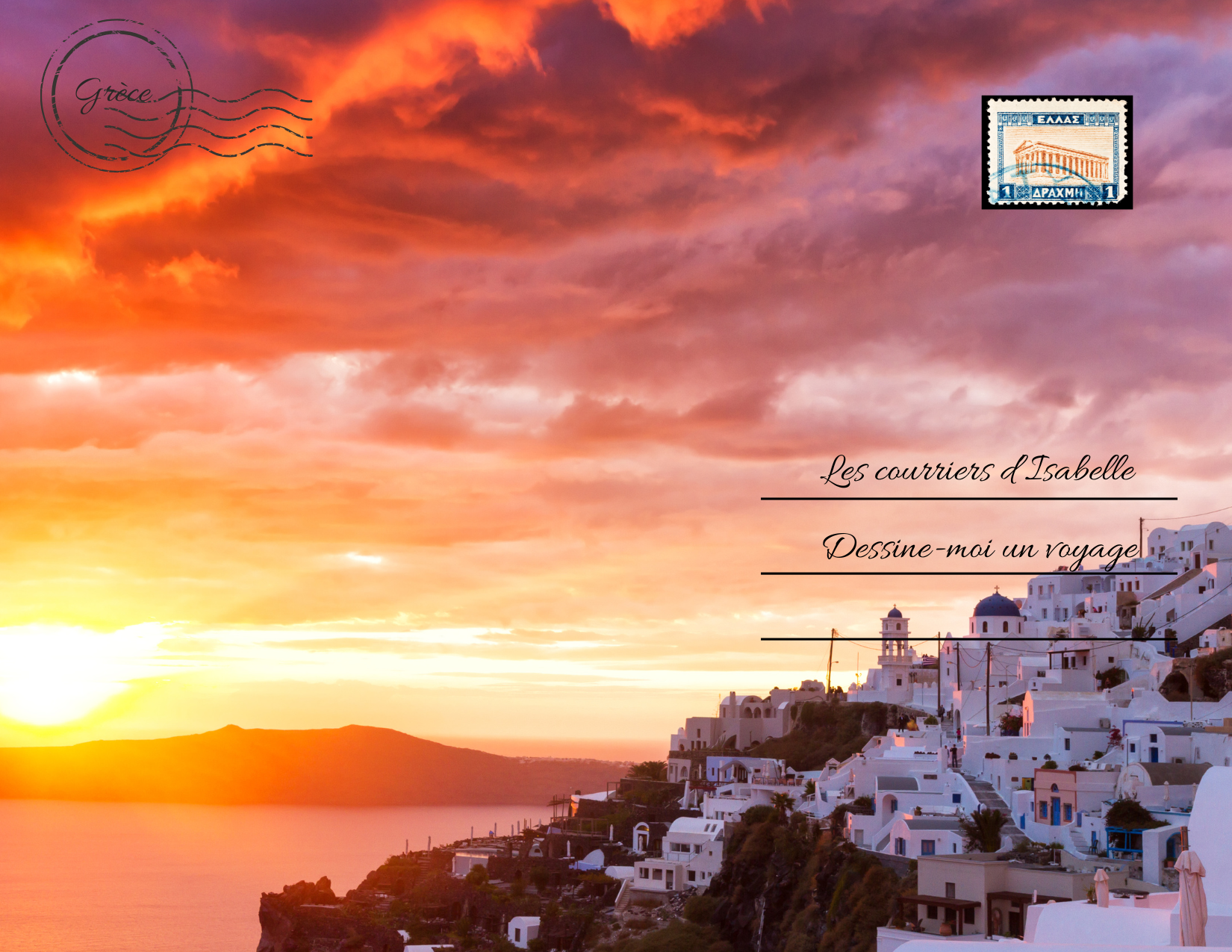 Carte postale coucher de soleil en Grèce avec maisons blanches en hauteur