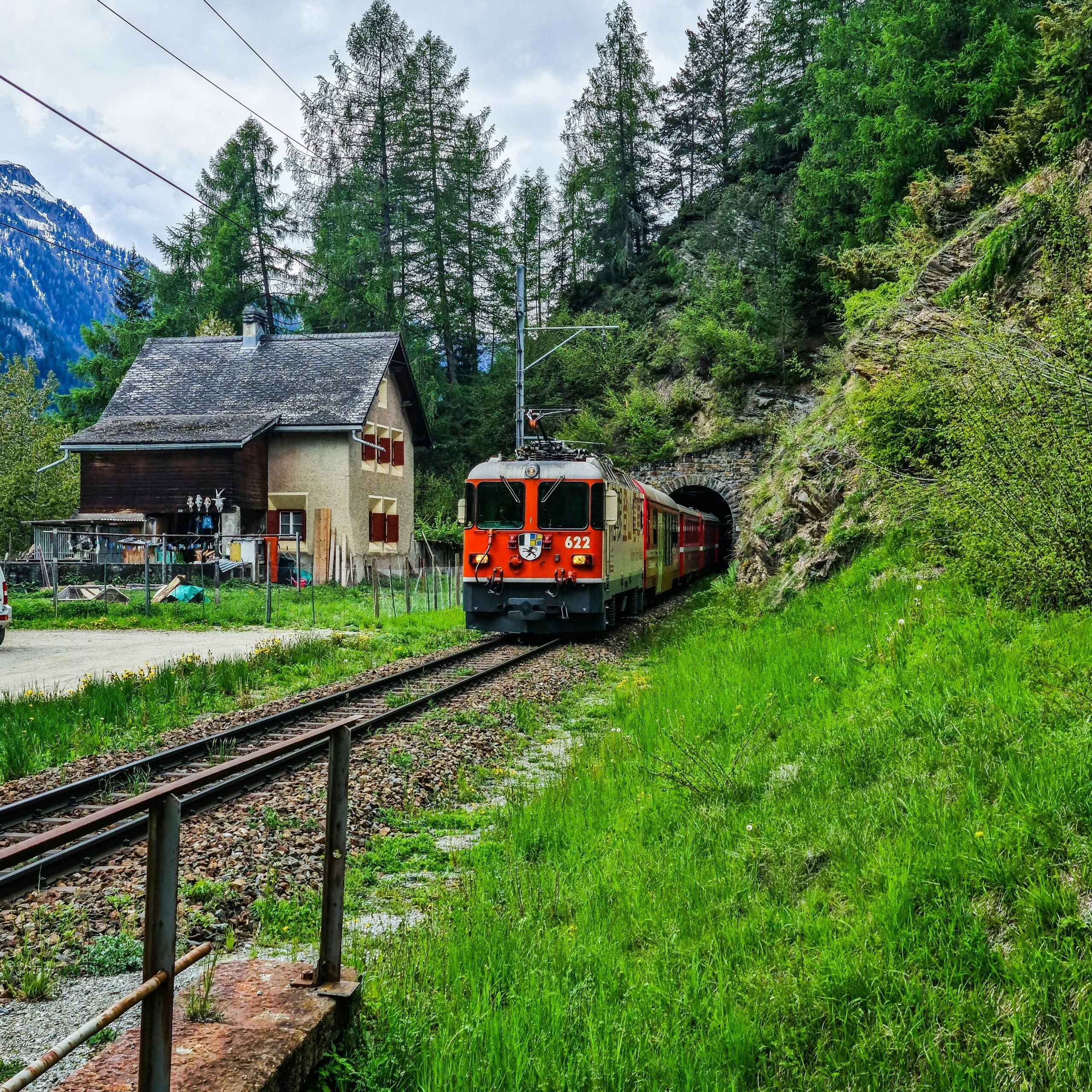 Train au milieu d'un village verdoyant